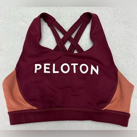 Peloton Small Colorblock Performance Sports Bra Maroon Peach Criss Cross Back - Picture 3 of 7